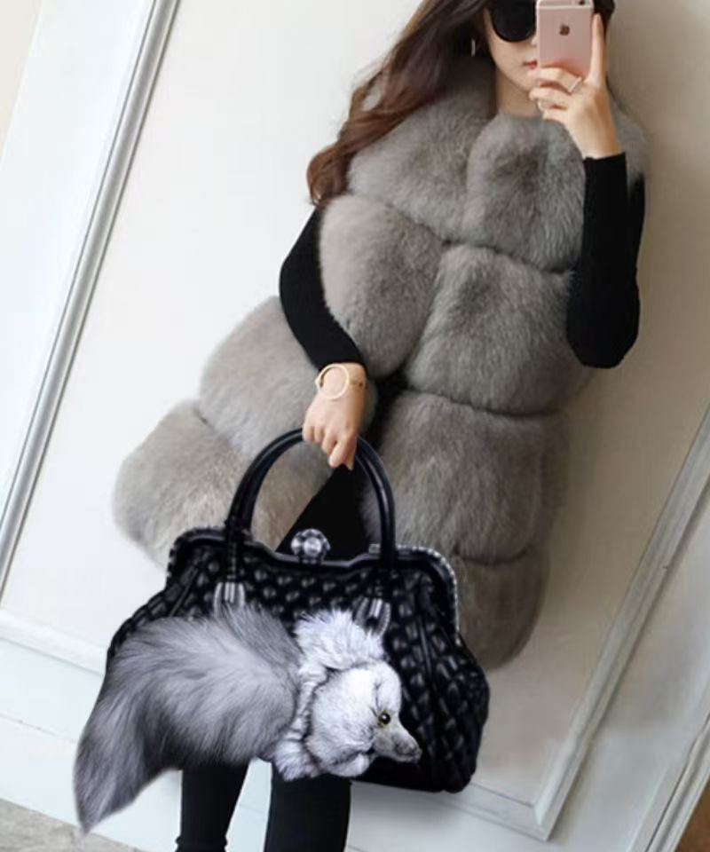 Style Red Fox Fur Decorated Faux Leather Tote Handbag