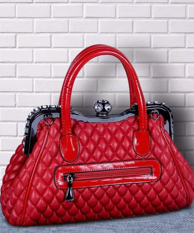 Style Red Fox Fur Decorated Faux Leather Tote Handbag