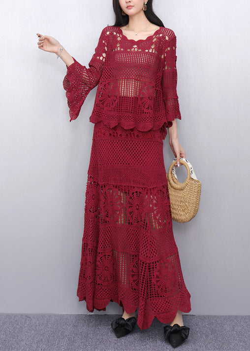 Style Red Hollow Out Knit Two Pieces Set Flare Sleeve