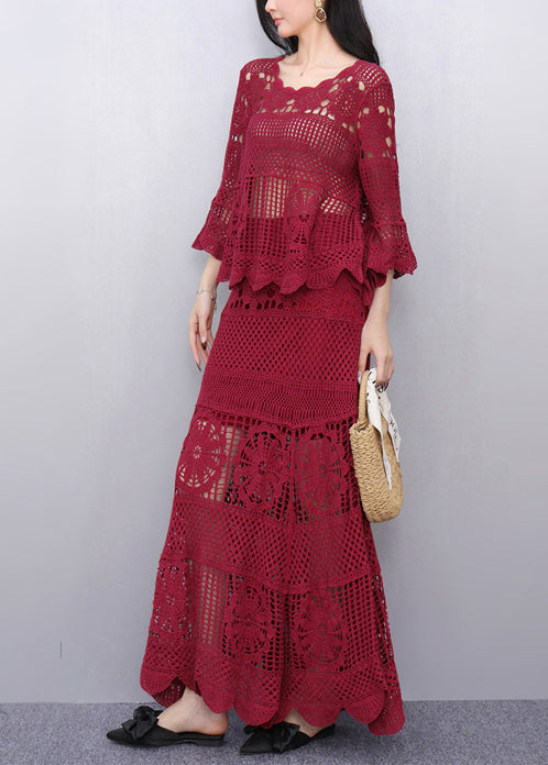 Style Red Hollow Out Knit Two Pieces Set Flare Sleeve
