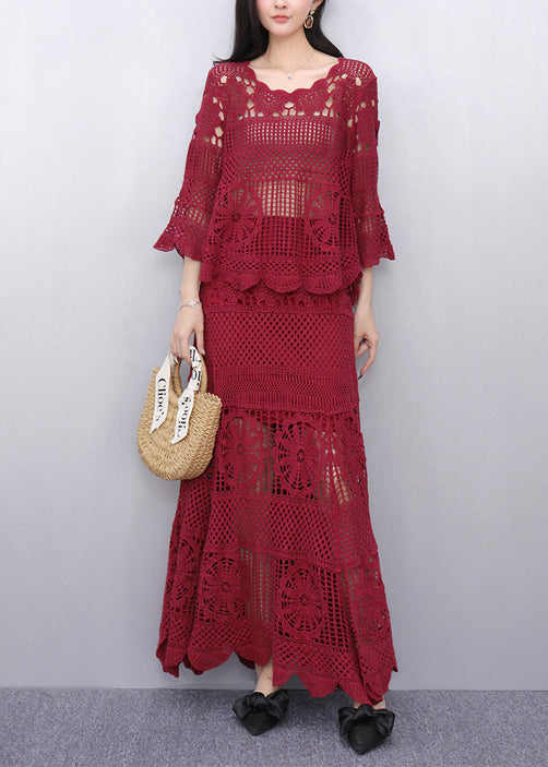 Style Red Hollow Out Knit Two Pieces Set Flare Sleeve
