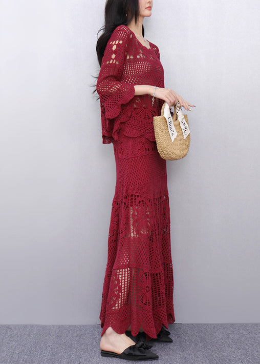 Style Red Hollow Out Knit Two Pieces Set Flare Sleeve