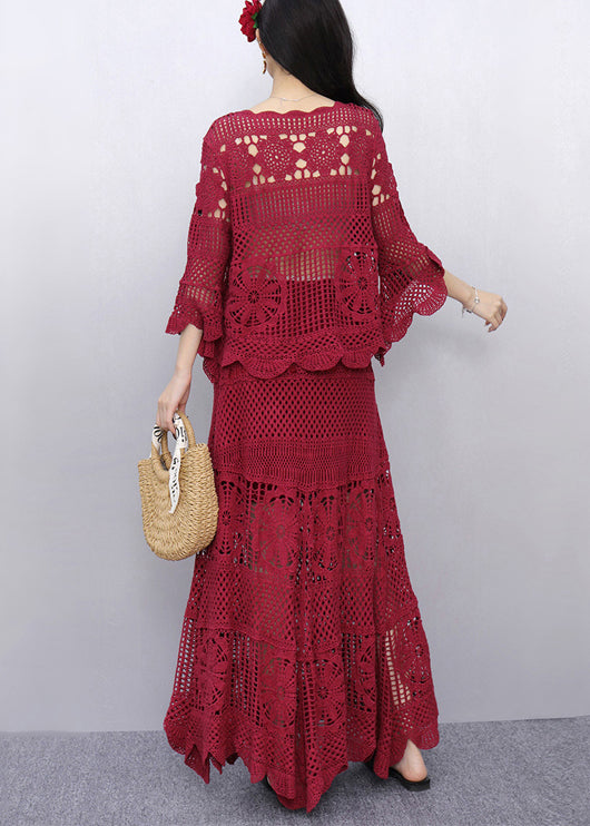 Style Red Hollow Out Knit Two Pieces Set Flare Sleeve