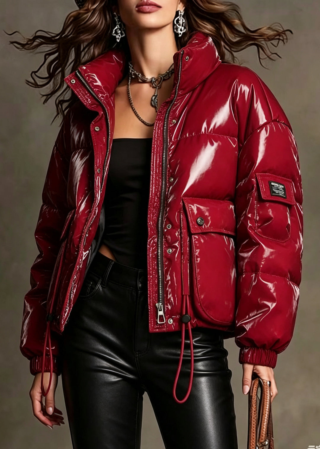 Style Red Oversized Pockets Duck Down Puffers Jackets Winter