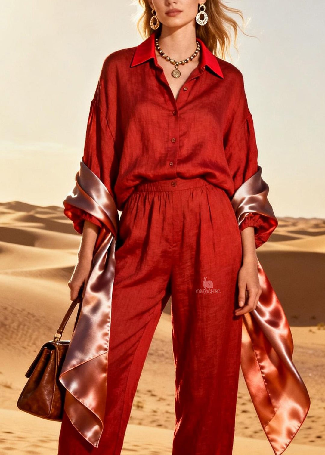 Style Red Peter Pan Collar Patchwork Linen Silk Two Pieces Set Spring