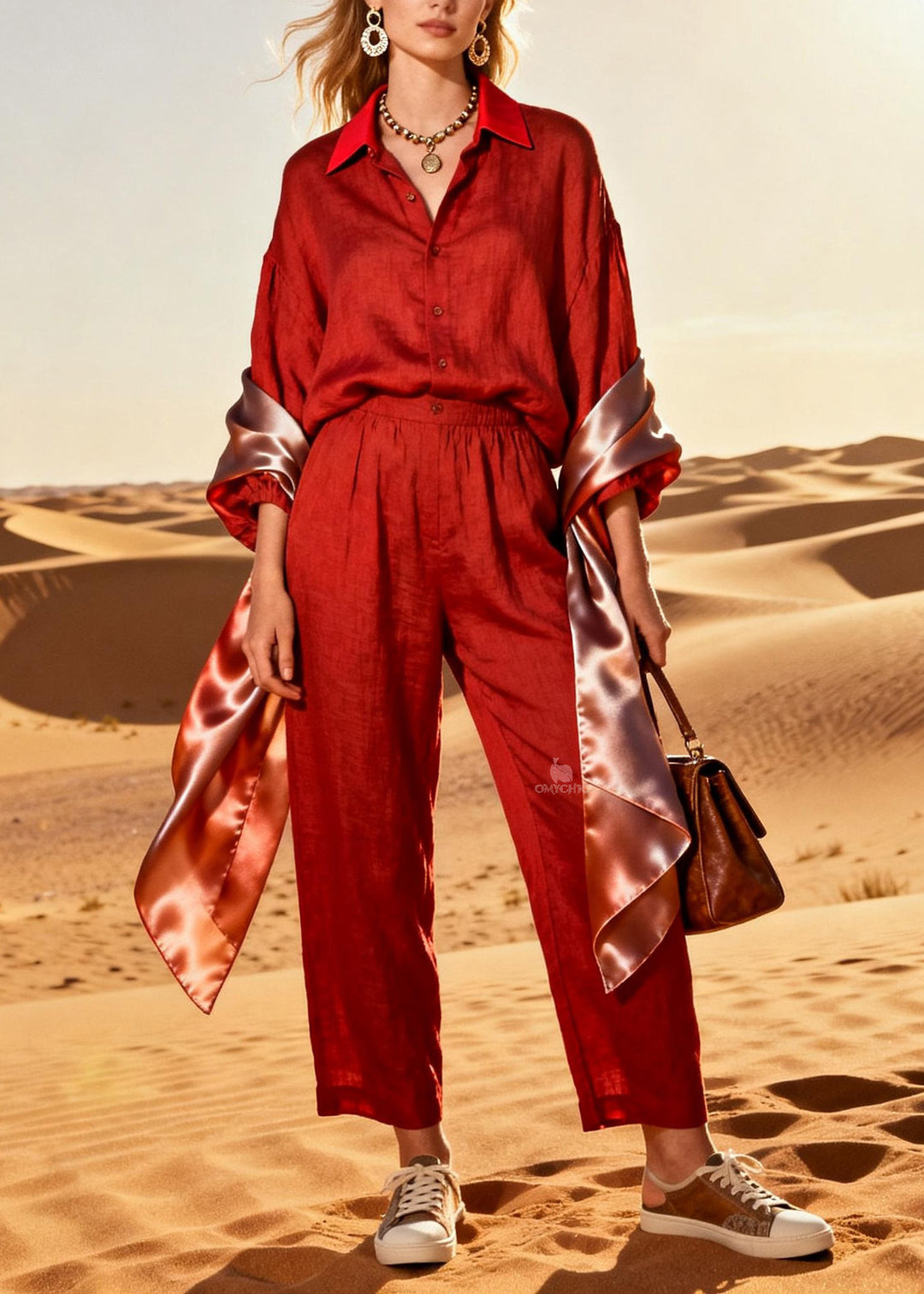 Style Red Peter Pan Collar Patchwork Linen Silk Two Pieces Set Spring