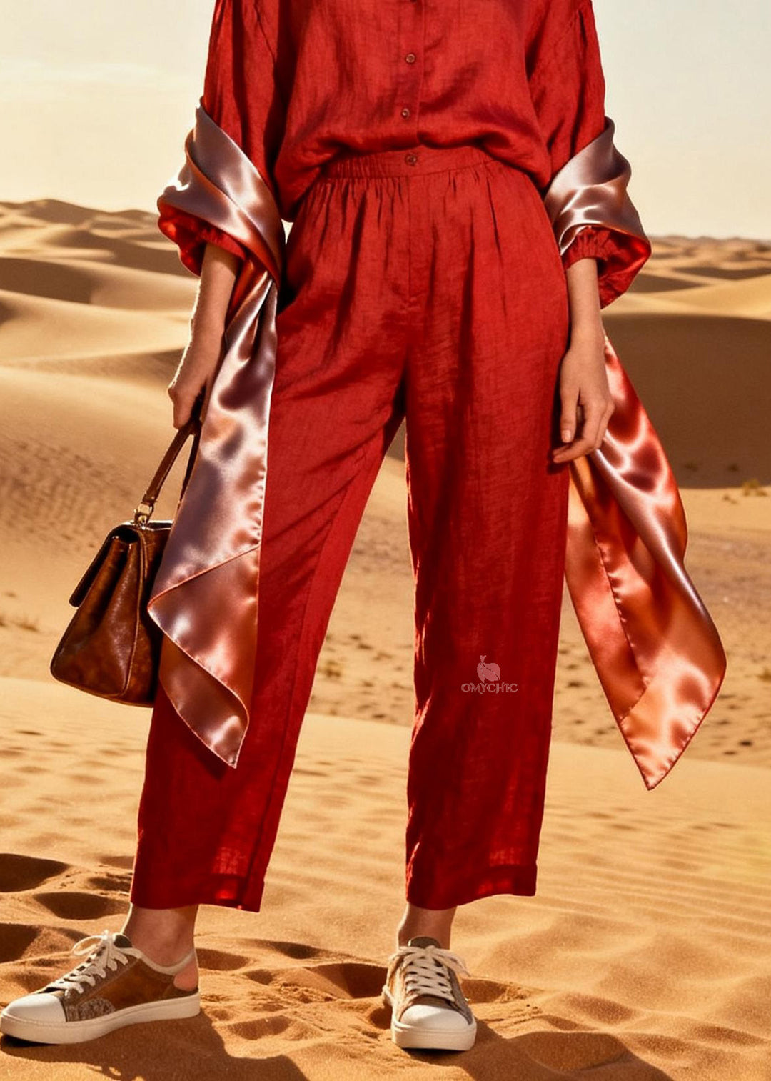 Style Red Peter Pan Collar Patchwork Linen Silk Two Pieces Set Spring