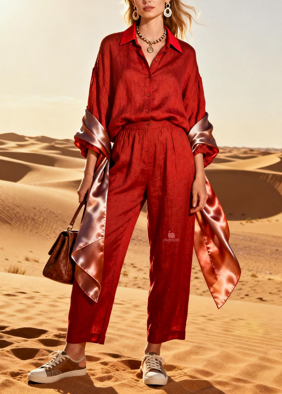 Style Red Peter Pan Collar Patchwork Linen Silk Two Pieces Set Spring