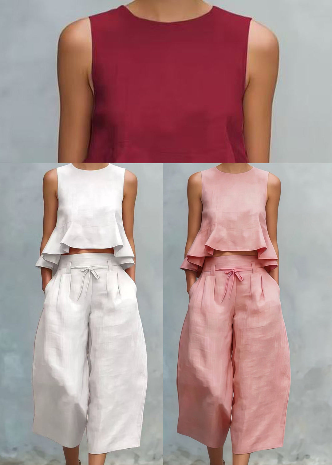 Style Red Ruffled Linen Women Sets 2 Pieces Sleeveless
