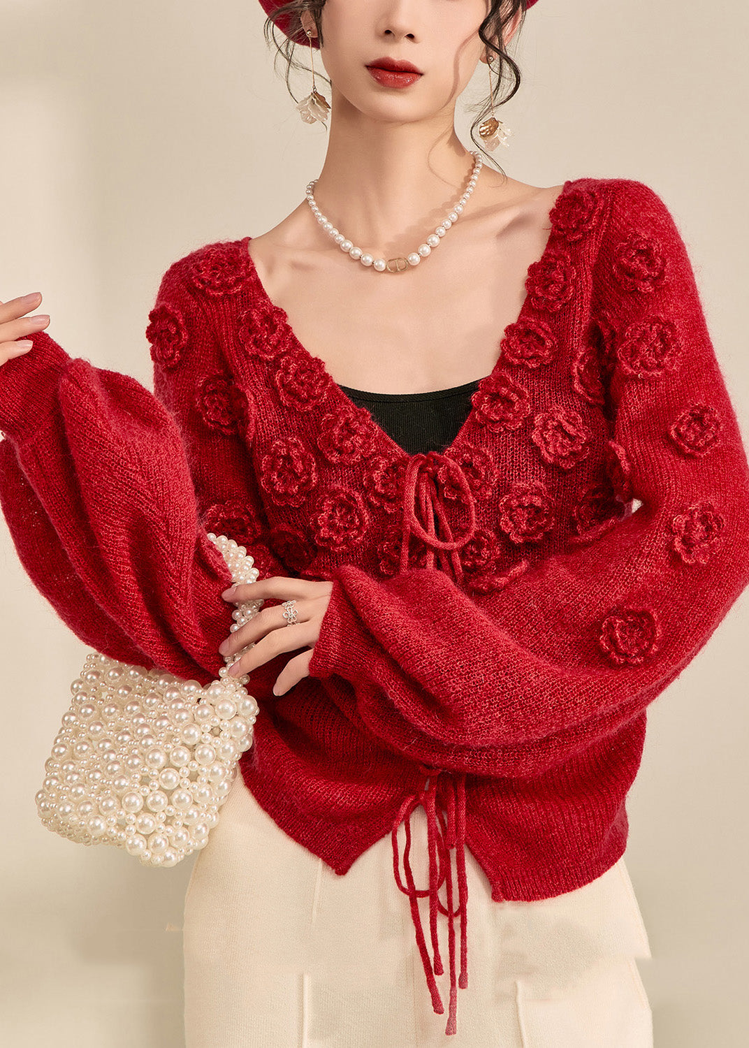 Style Red V Neck Drawstring Solid Cotton Knit Sweater Lantern Sleeve