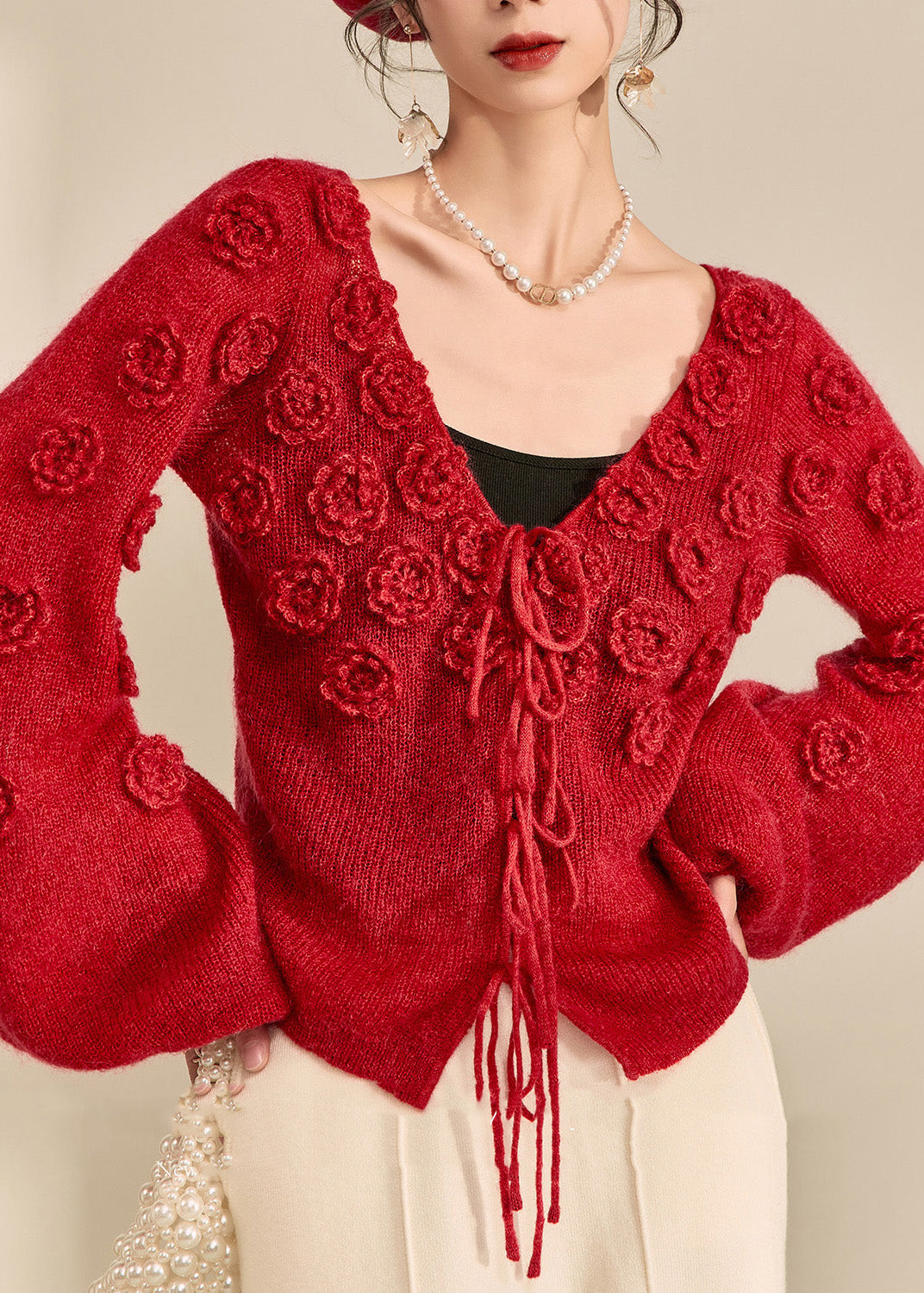 Style Red V Neck Drawstring Solid Cotton Knit Sweater Lantern Sleeve