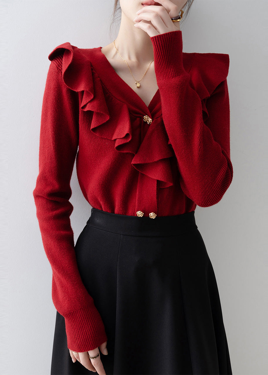 Style Red V Neck Ruffled Knit Shirts Spring