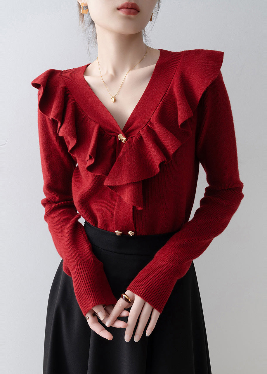 Style Red V Neck Ruffled Knit Shirts Spring