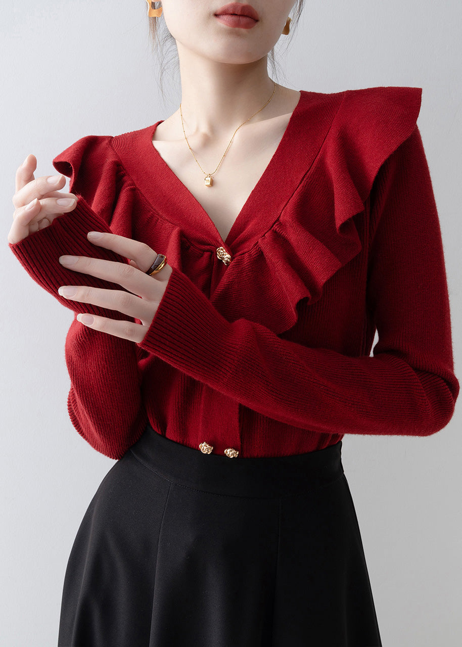 Style Red V Neck Ruffled Knit Shirts Spring