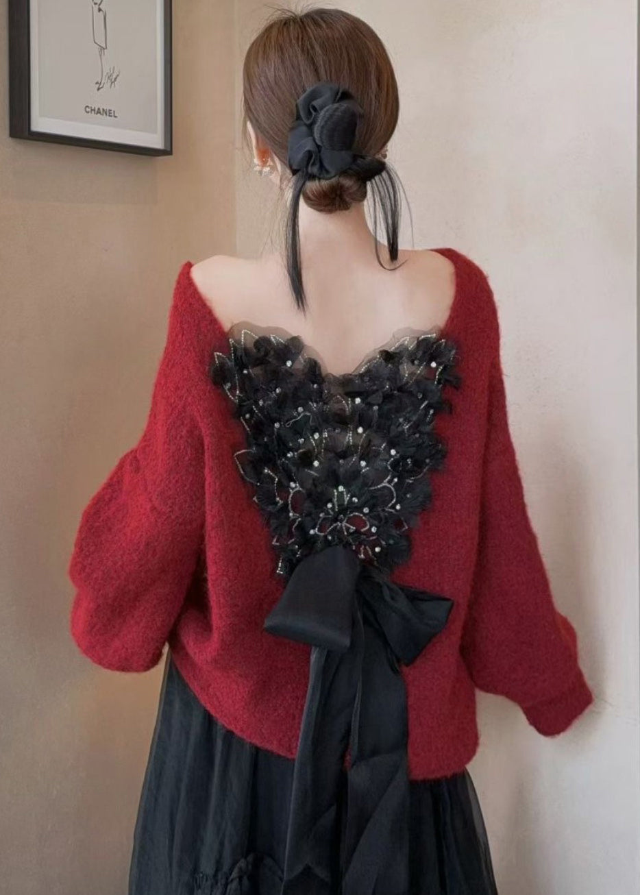Style Red Wear On Both Sides Patchwork Bow Knit Sweaters Winter