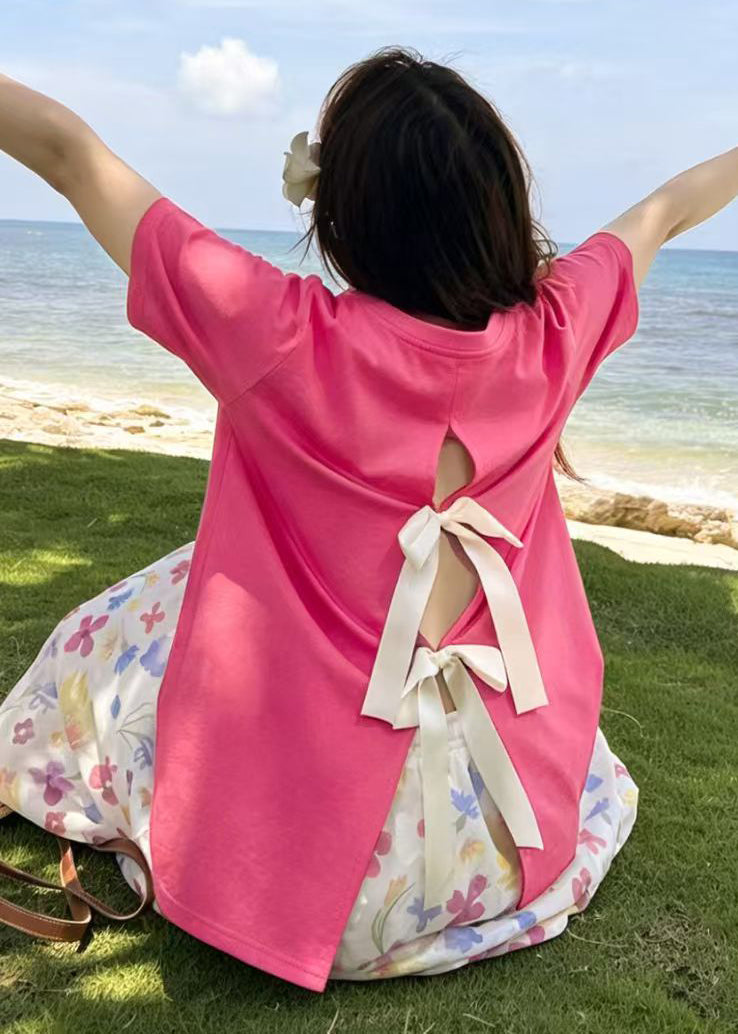 Style Rose Oversized Side Open Bow Cotton Tops Summer