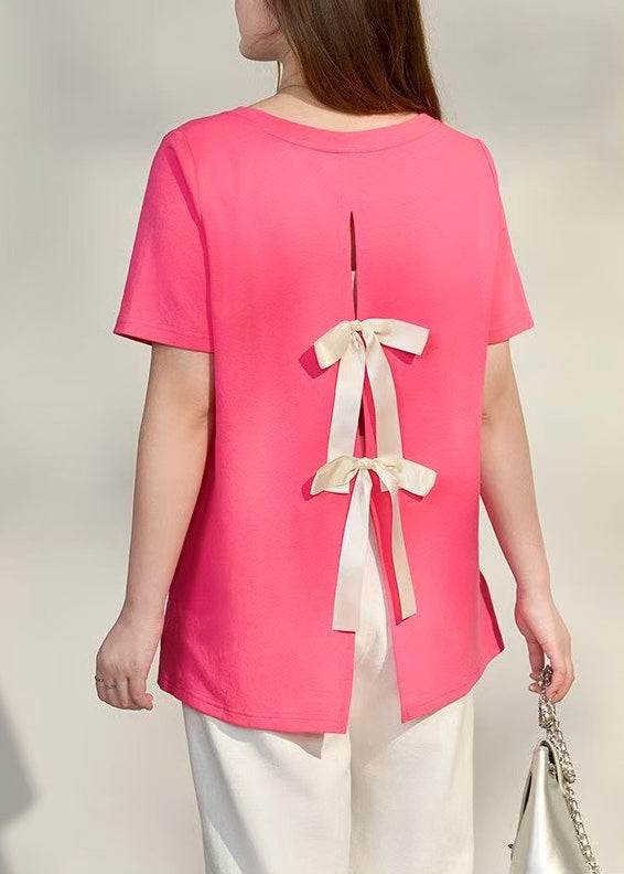 Style Rose Oversized Side Open Bow Cotton Tops Summer
