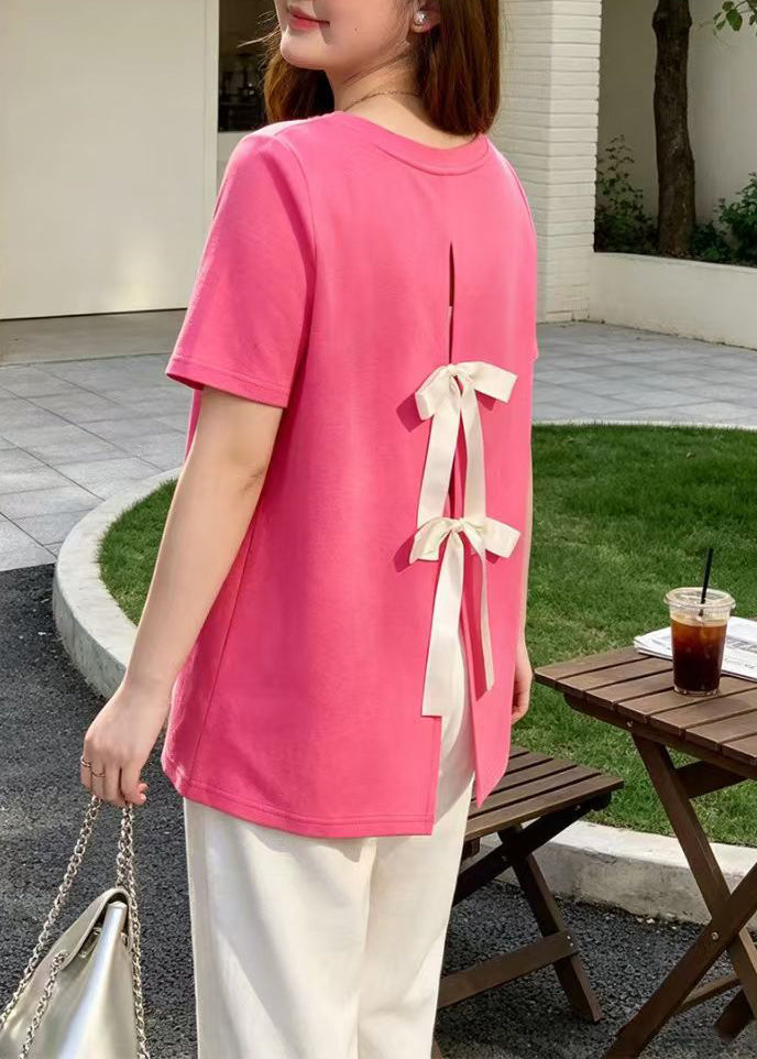 Style Rose Oversized Side Open Bow Cotton Tops Summer