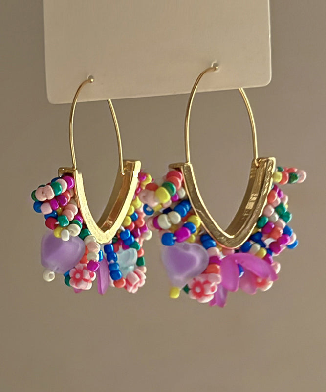 Style Rose Sterling Silver Alloy Beading Chiffon Hoop Earrings - Omychic