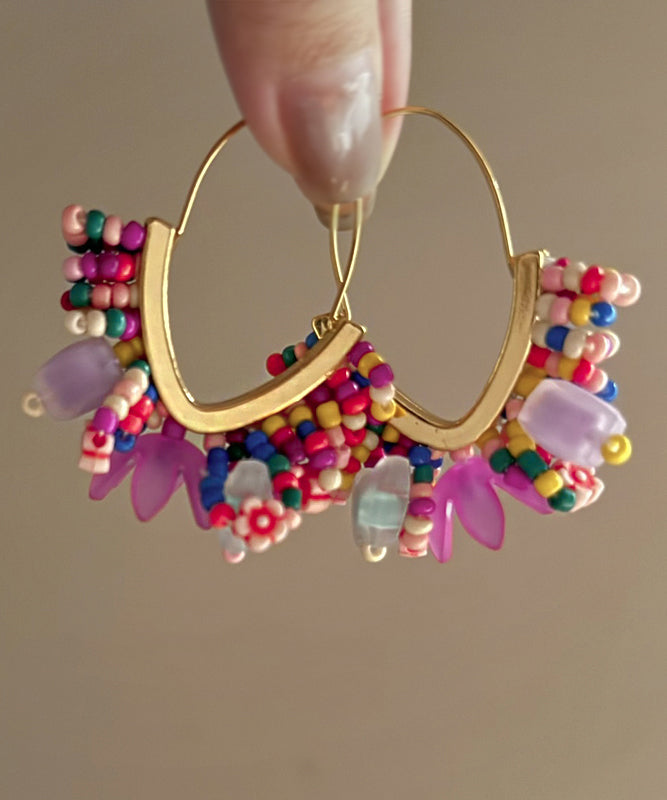 Style Rose Sterling Silver Alloy Beading Chiffon Hoop Earrings - Omychic
