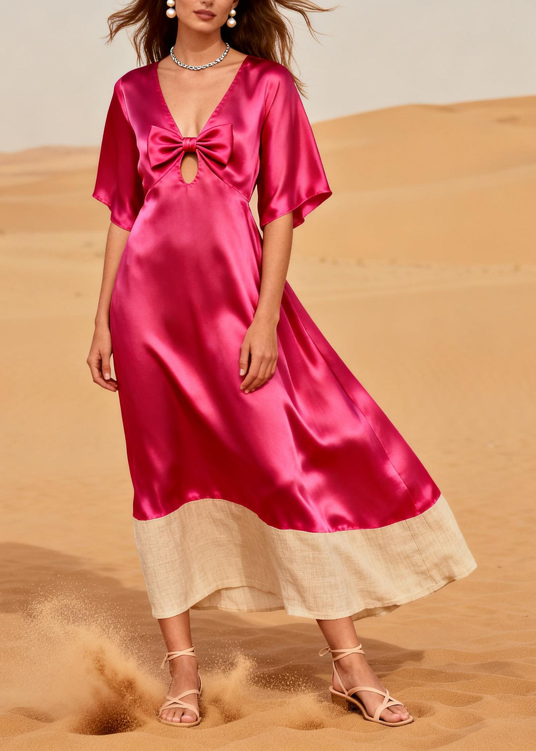Style Rose V Neck Patchwork Silk Vacation Dresses Summer