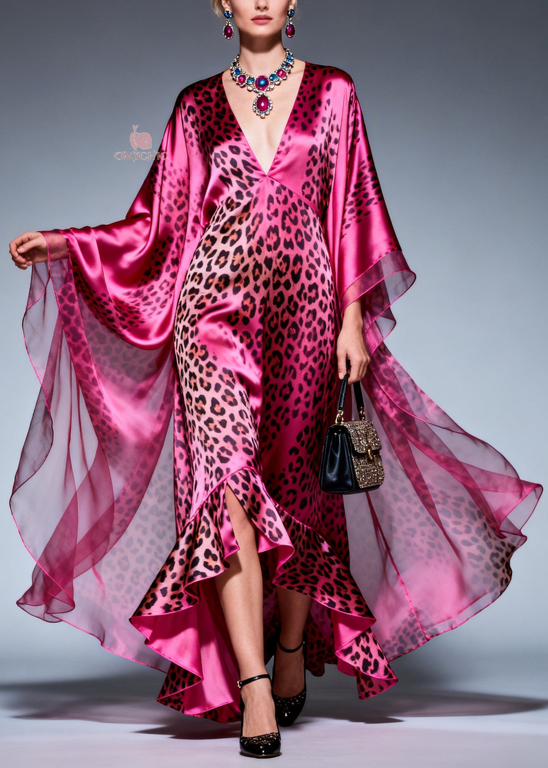 Style Ruffled Asymmetrical Design Print Silk Maxi Dresses Summer