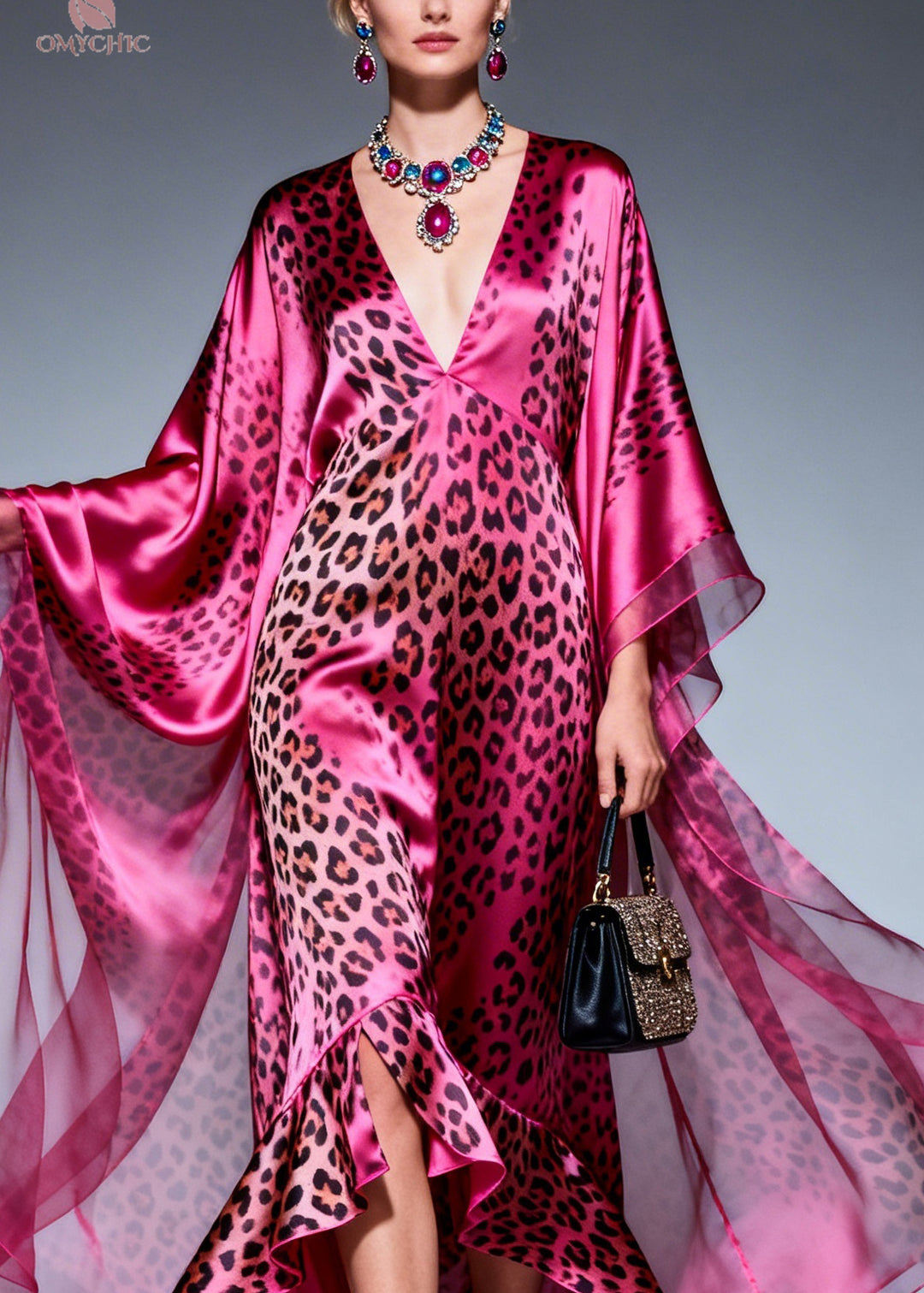 Style Ruffled Asymmetrical Design Print Silk Maxi Dresses Summer