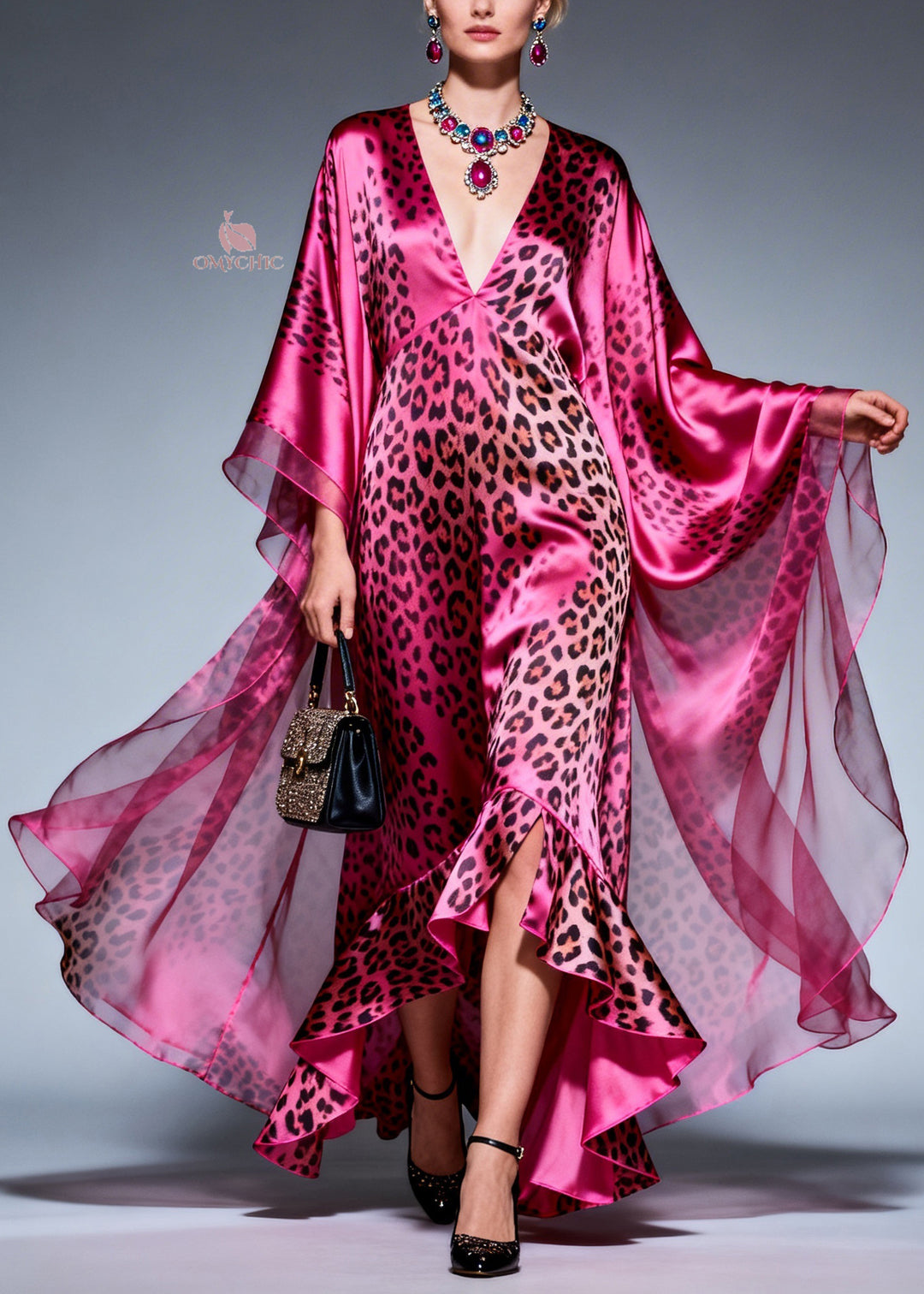 Style Ruffled Asymmetrical Design Print Silk Maxi Dresses Summer