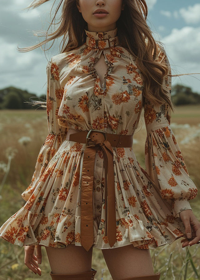 Style Ruffled Print Button Cotton Mini Dress Lantern Sleeve