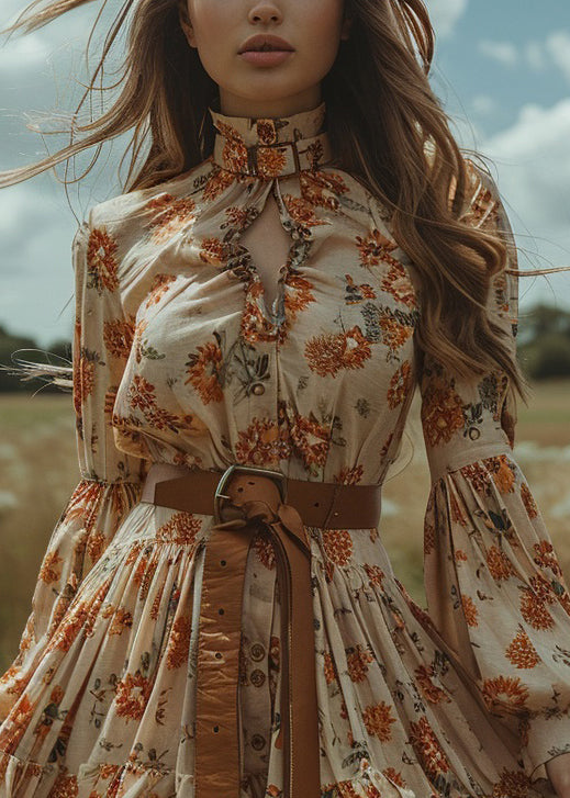 Style Ruffled Print Button Cotton Mini Dress Lantern Sleeve