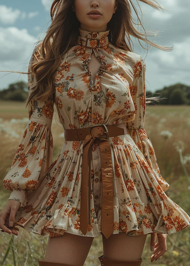 Style Ruffled Print Button Cotton Mini Dress Lantern Sleeve