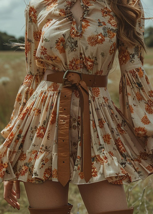 Style Ruffled Print Button Cotton Mini Dress Lantern Sleeve