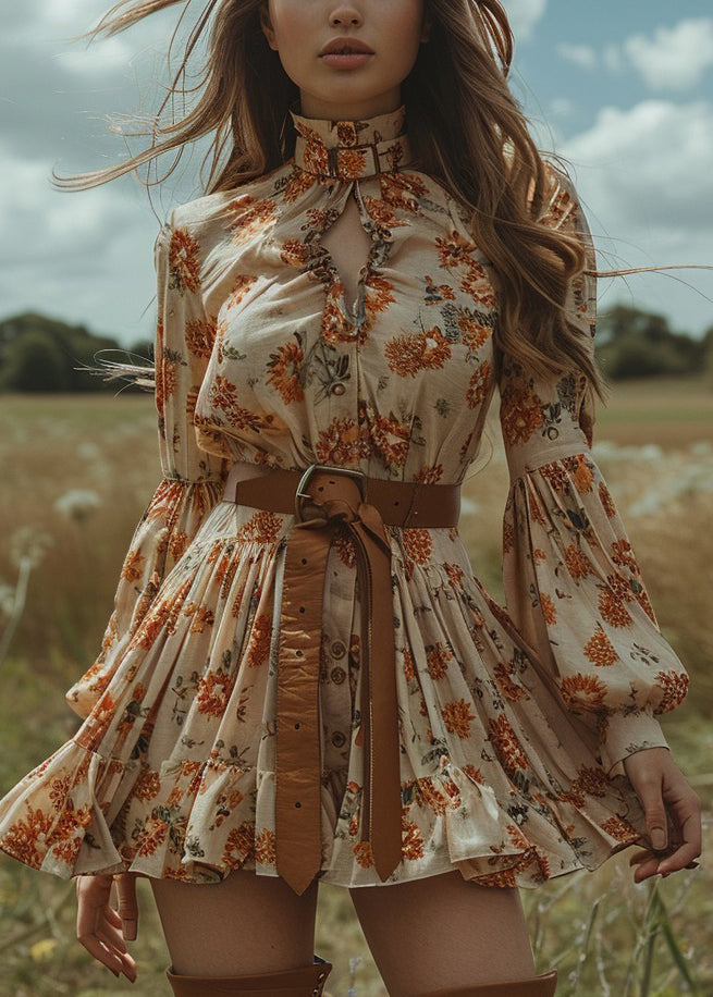 Style Ruffled Print Button Cotton Mini Dress Lantern Sleeve