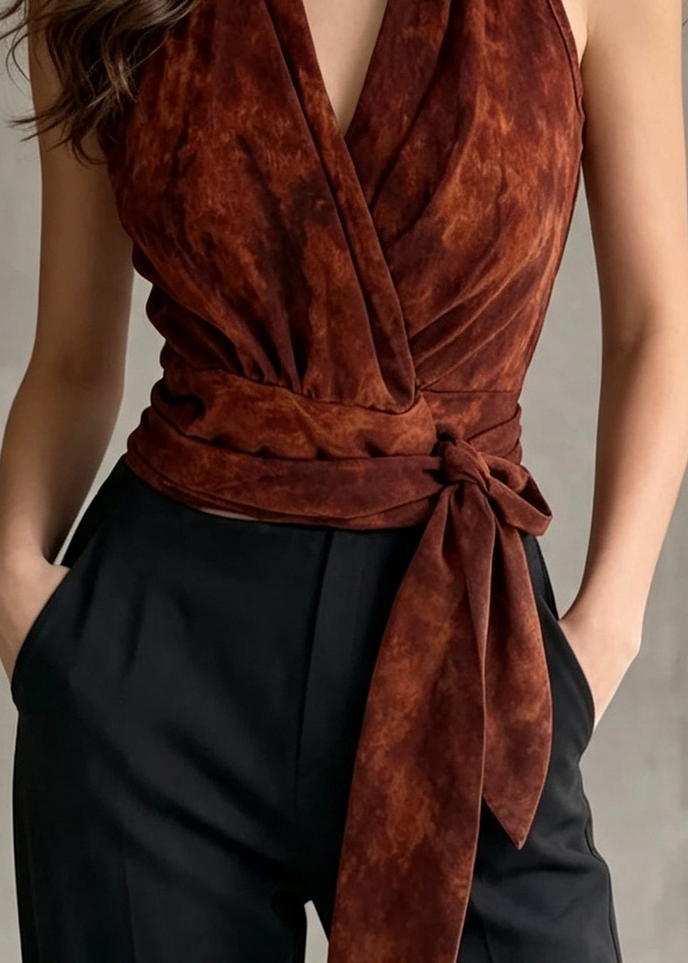 Style Rust Halter Tie Waist Chiffon Tank Tops Summer