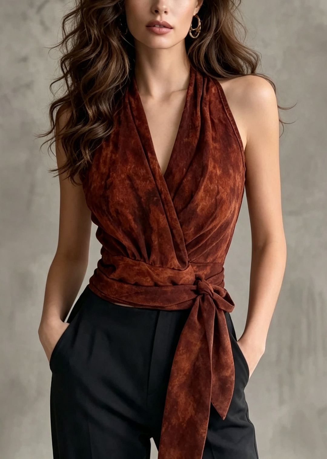 Style Rust Halter Tie Waist Chiffon Tank Tops Summer