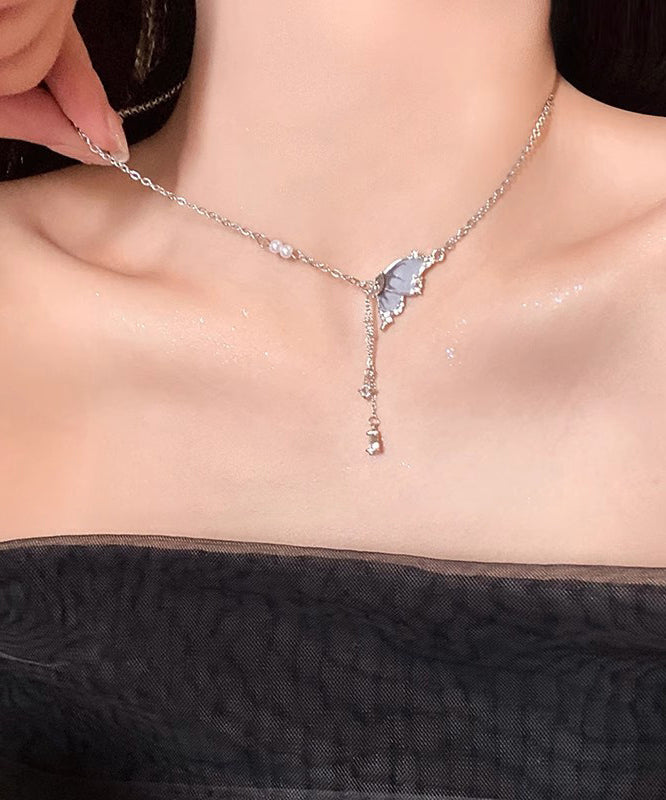 Style Silk Copper Alloy Zircon Butterfly Pendant Necklace - Omychic