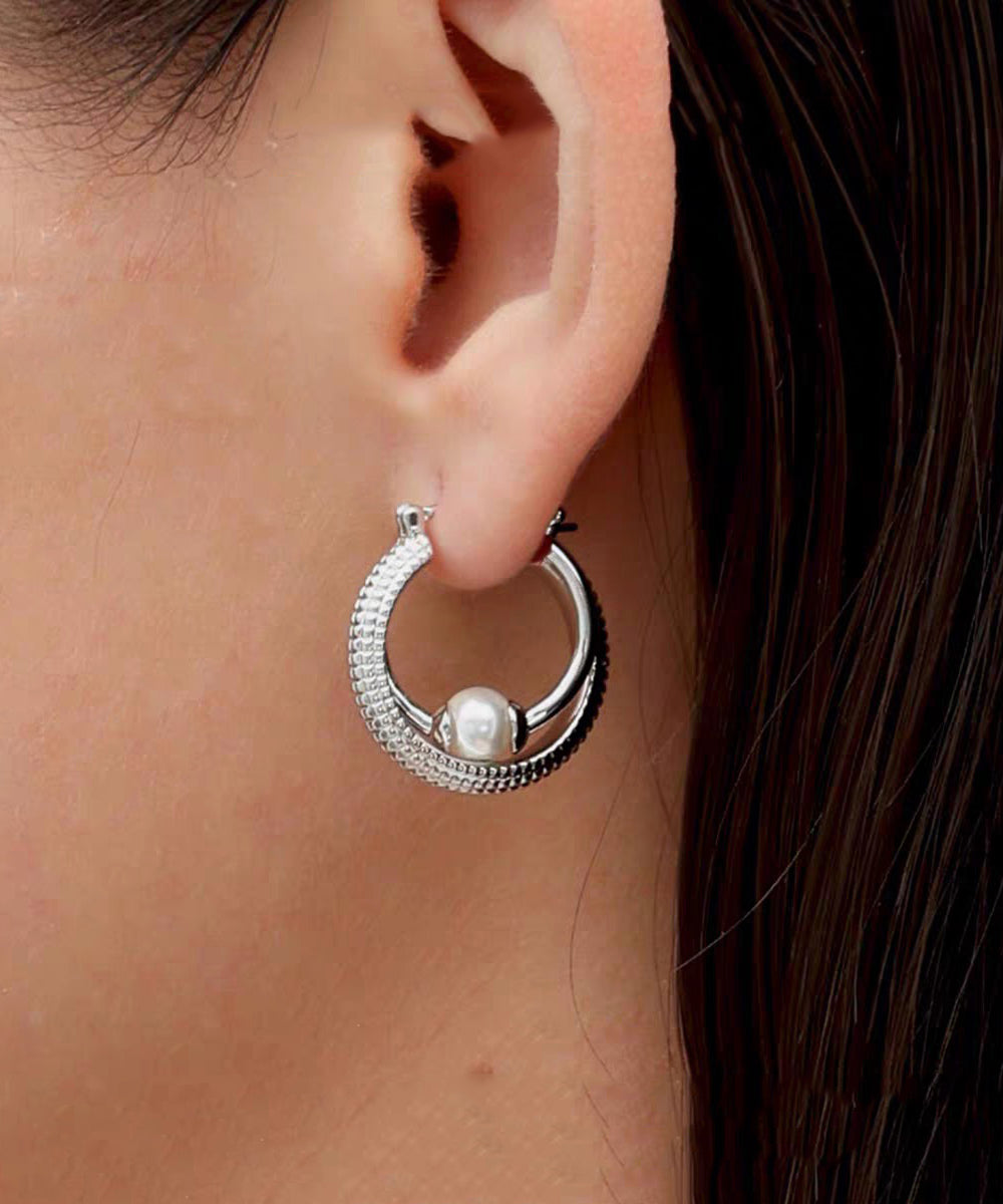 Style Silk Sterling Silver Double-Layer Pearl Hoop Earrings