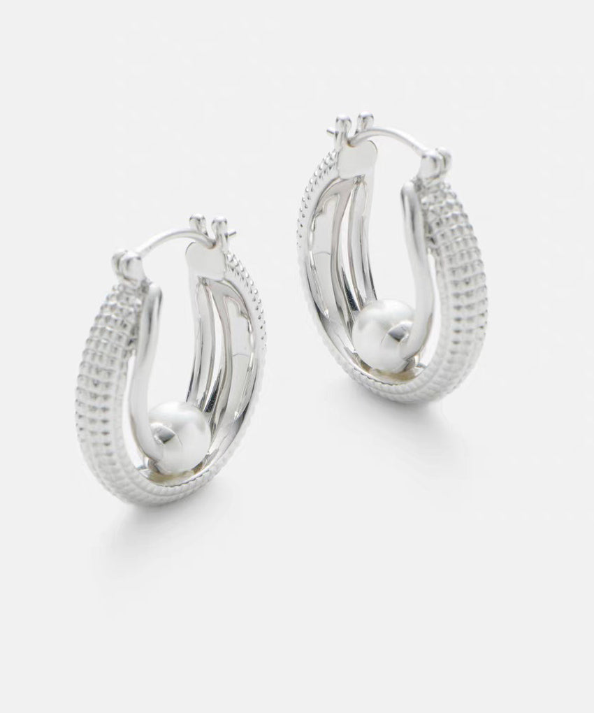 Style Silk Sterling Silver Double-Layer Pearl Hoop Earrings