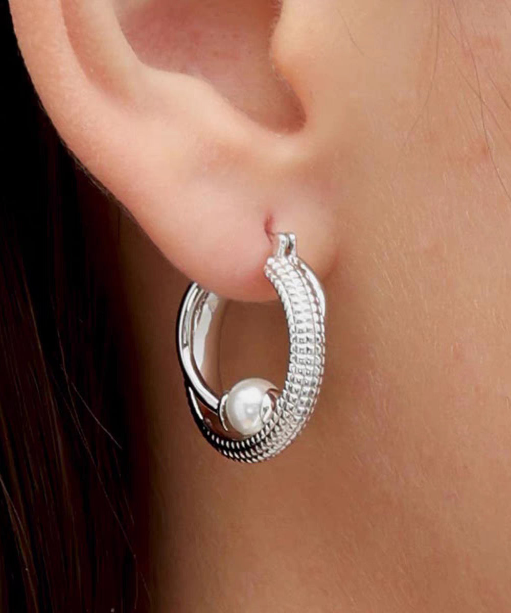 Style Silk Sterling Silver Double-Layer Pearl Hoop Earrings