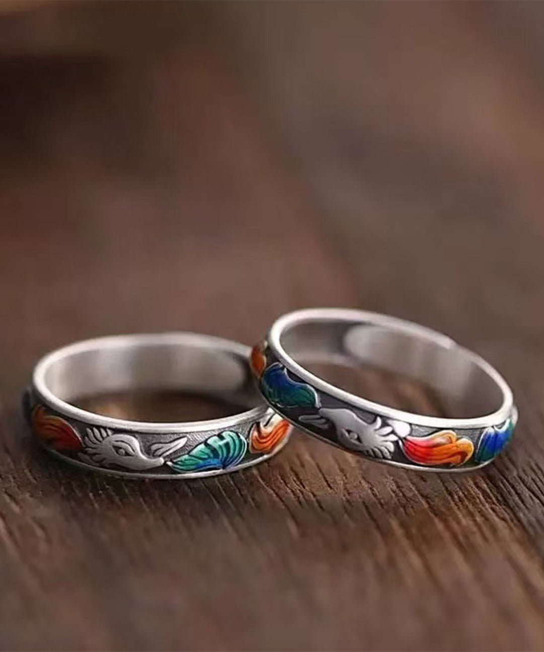 Style Silk Sterling Silver Enamel Nine-Tailed Fox Open Rings