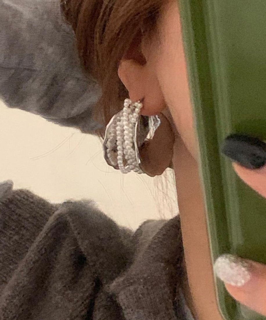 Style Silk Sterling Silver Pearl Hoop Earrings