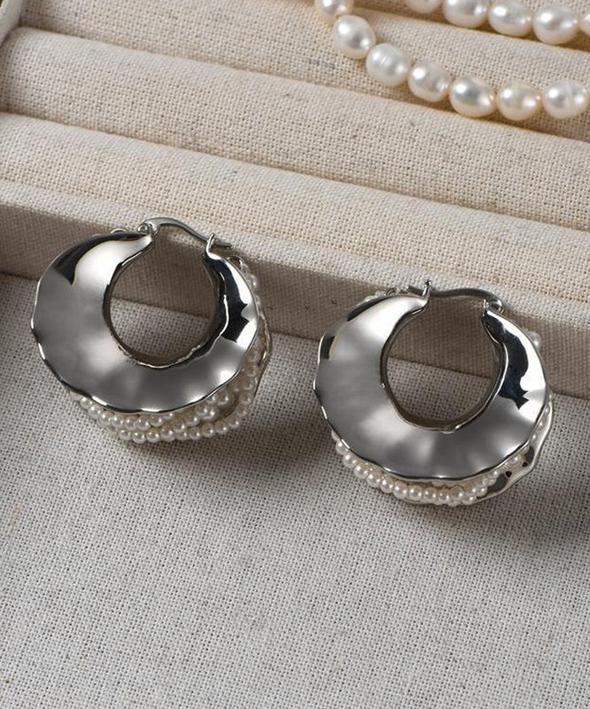 Style Silk Sterling Silver Pearl Hoop Earrings