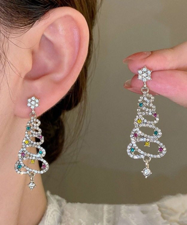 Style Silvery Christmas Tree Tasseled Colorful Zircon Drop Earrings