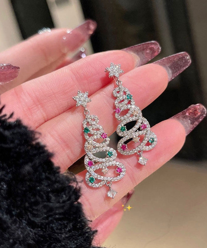 Style Silvery Christmas Tree Tasseled Colorful Zircon Drop Earrings