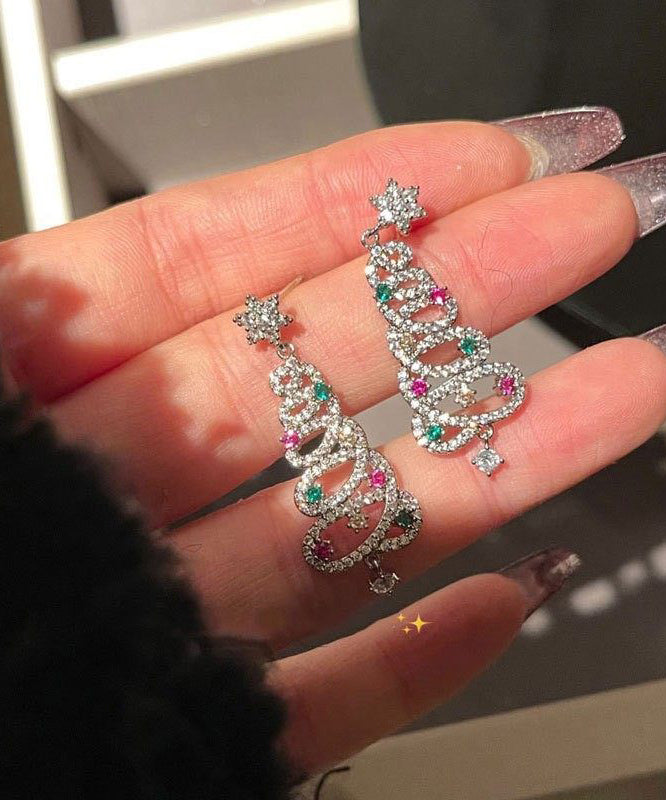 Style Silvery Christmas Tree Tasseled Colorful Zircon Drop Earrings