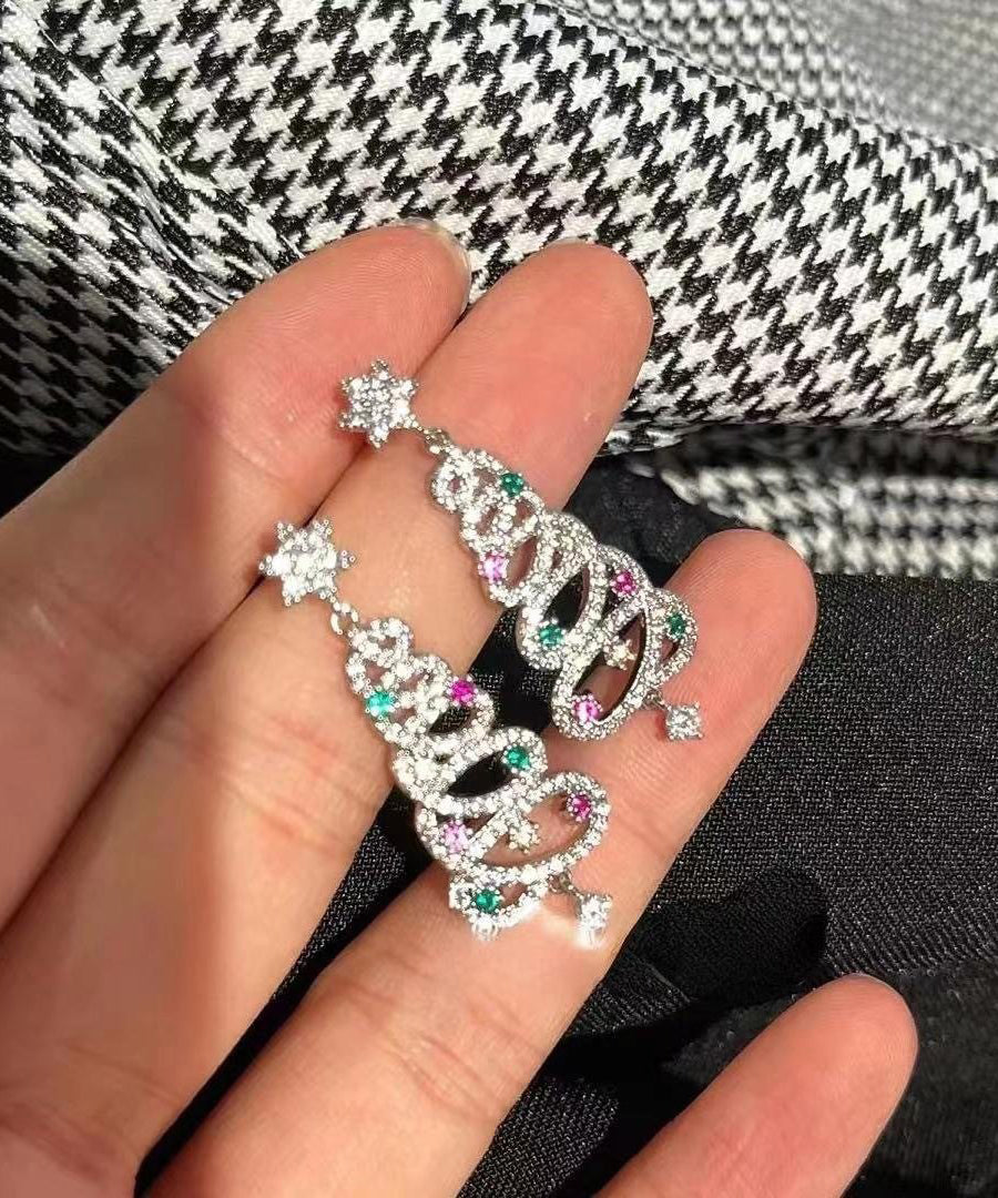 Style Silvery Christmas Tree Tasseled Colorful Zircon Drop Earrings