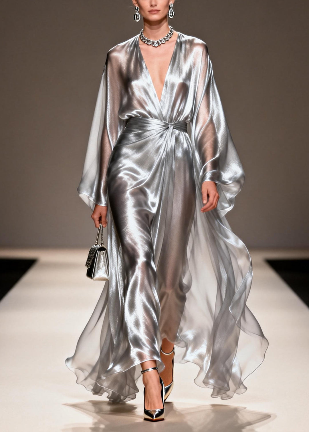 Style Silvery Exra Large Hem Draping Chiffon Ankle Dress Summer