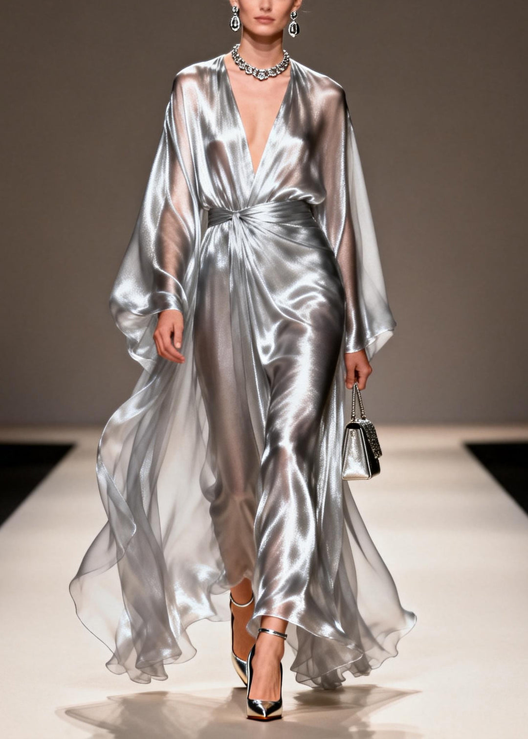 Style Silvery Exra Large Hem Draping Chiffon Ankle Dress Summer