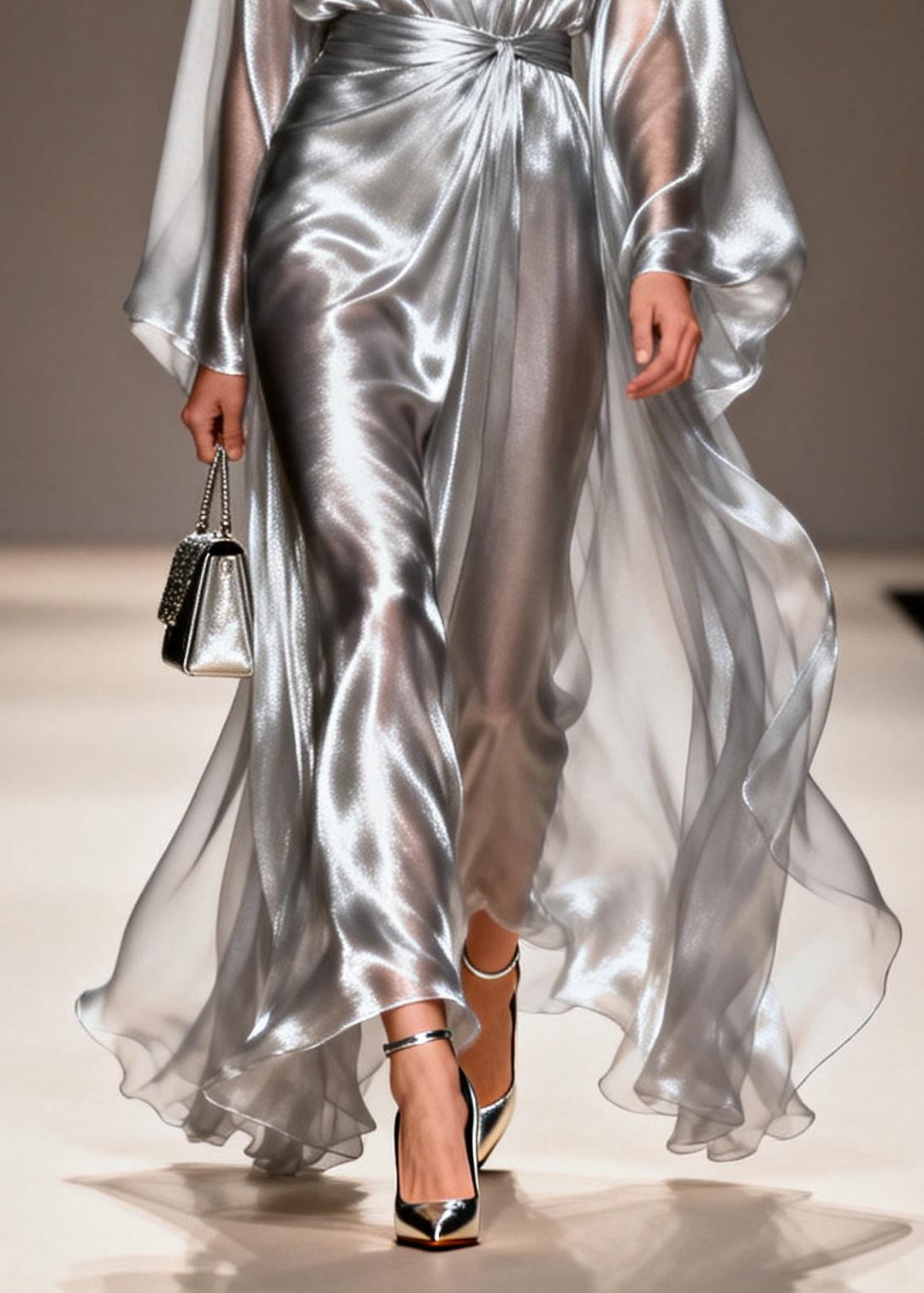 Style Silvery Exra Large Hem Draping Chiffon Ankle Dress Summer