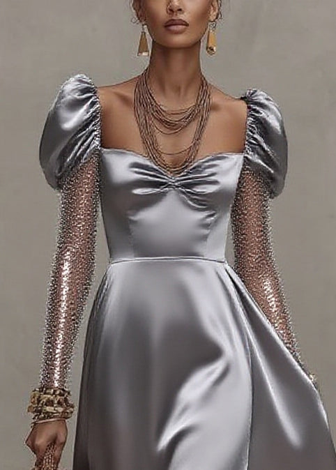 Style Silvery Puff Sleeve Patchwork Tulle Exra Large Hem Party Dress